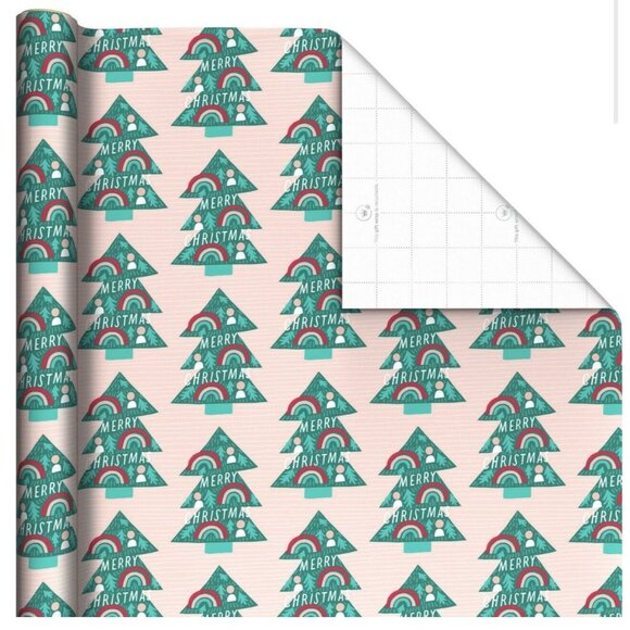Hallmark Wrapping Paper Christmas Rainbow Trees Light Pink Roll 35 sq ft Holiday - Picture 2 of 4